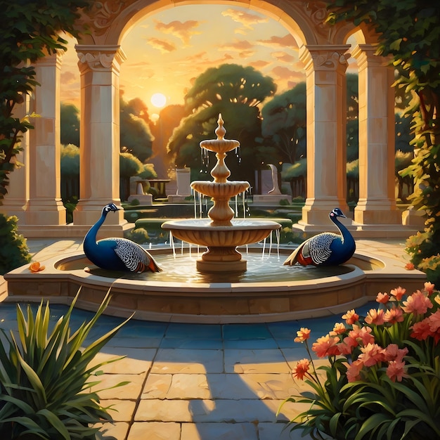 a fountain with two blue birds sitting in the middle of it