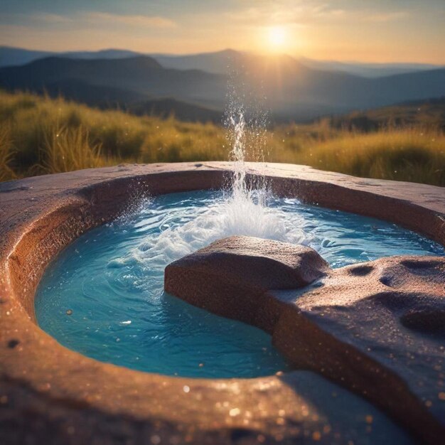 a fountain with water in the background and the sun setting behind it