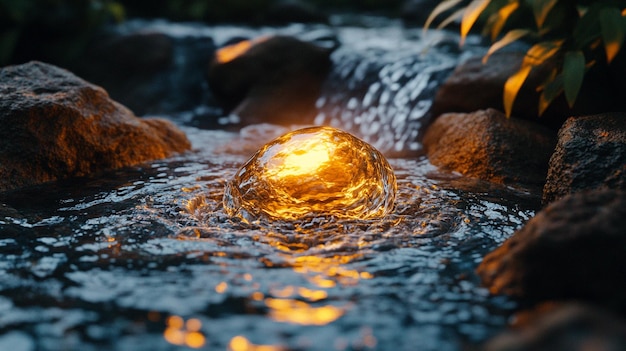 a fountain with water and rocks in the background