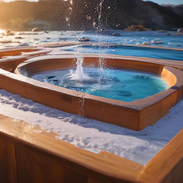 Photo a fountain with water and a wooden frame with a fountain in the middle