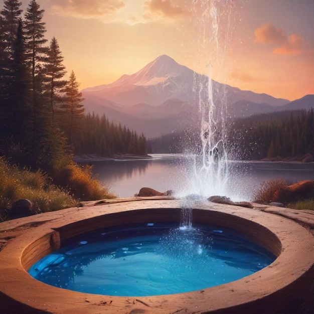 a fountain with a waterfall in the background and a mountain in the background