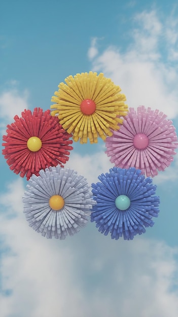 Four 3d flowers of different colors on sky blue background for web and banner design