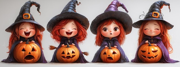 Four adorable little witches with red hair dressed in purple robes and pointy hats holding brooms surrounded by pumpkins Generative AI