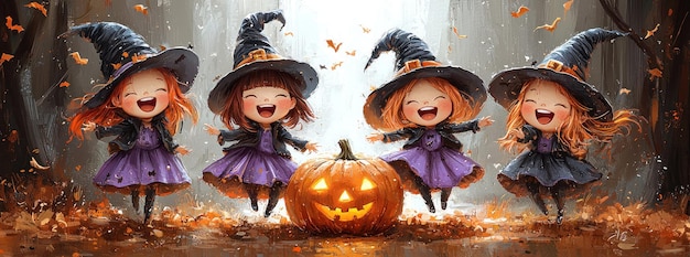 Four adorable little witches with red hair dressed in purple robes and pointy hats holding brooms surrounded by pumpkins Generative AI