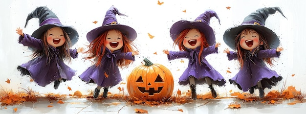 Four adorable little witches with red hair dressed in purple robes and pointy hats holding brooms surrounded by pumpkins Generative AI