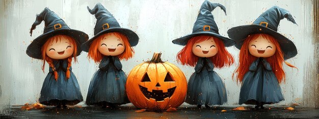 Four adorable little witches with red hair dressed in purple robes and pointy hats holding brooms surrounded by pumpkins Generative AI