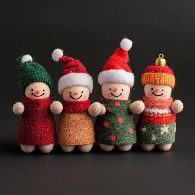 Four adorable snowman dolls in different colored hats and sweaters