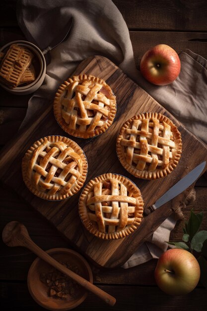 Four apple hand pies on a cutting board with apples on the side.