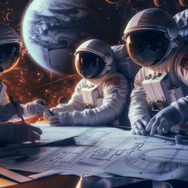 four astronauts are sitting in front of a drawing of a planet