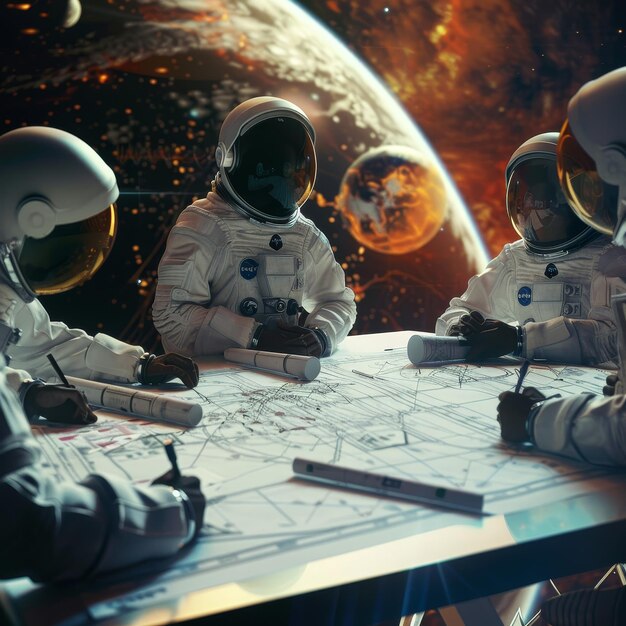 four astronauts are sitting on a table with a map of the planet behind them