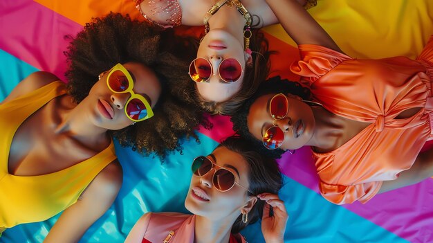 Four beautiful diverse women wearing stylish sunglasses lying on a colorful blanket smiling