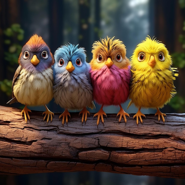 four birds are sitting on a log with one of them has a blue yellow and green color