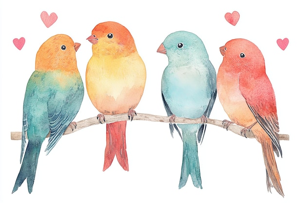 Four birds sitting on a branch with hearts in the background