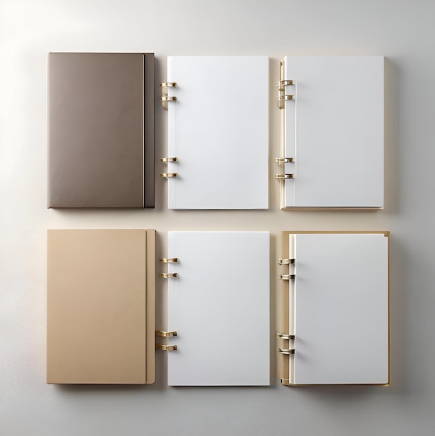 Photo four blank notebooks each with a different cover lay flat on a white background