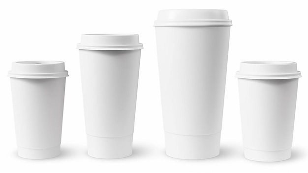 Photo four blank white takeaway coffee cups of different sizes isolated on white background