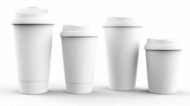 Photo four blank white takeaway coffee cups of different sizes with lids isolated on a white background