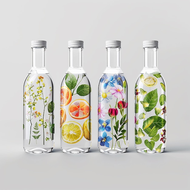 Photo four bottles of different colored glass bottles with flowers painted on them