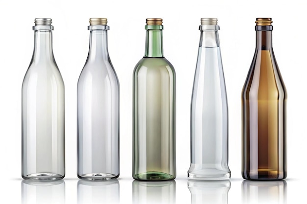 four bottles of different sizes including one that has a brown label