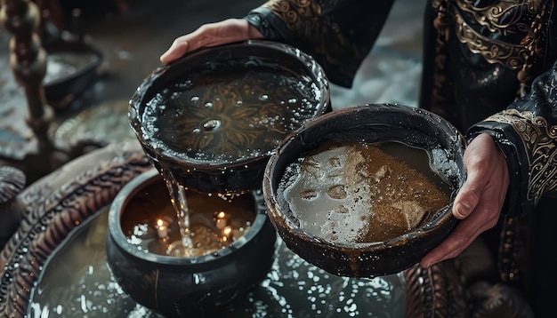 Photo four bowls of different colors of liquid on a table