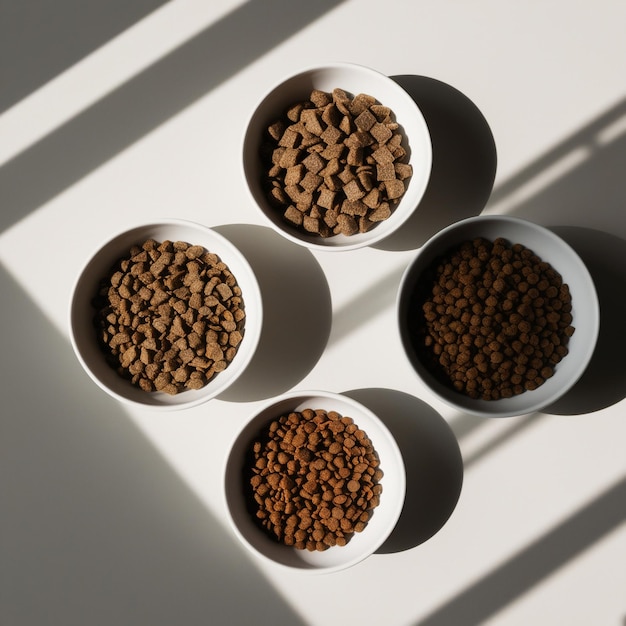 Photo four bowls of dog food are on a white table