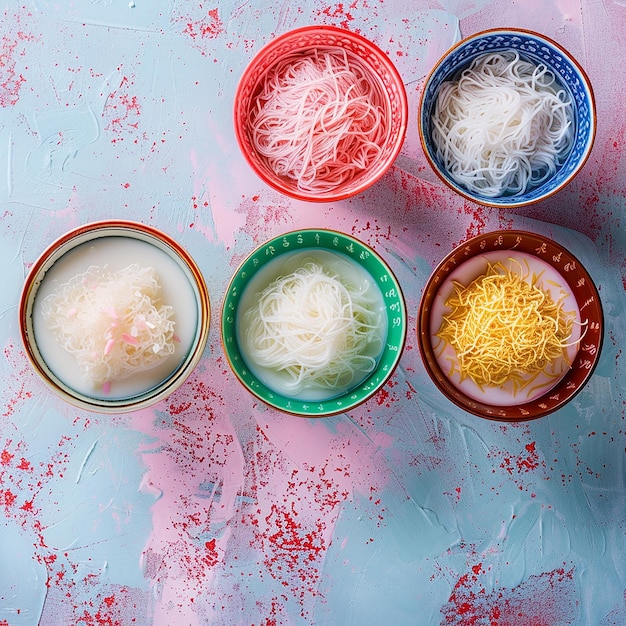 Photo four bowls of rice noodles against a milk liquid dynamic background vivid photo colorful and app