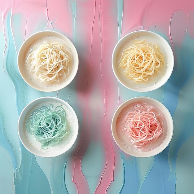 Photo four bowls of rice noodles against a milk liquid dynamic background vivid photo colorful and app