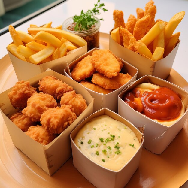 Four boxes of nuggets with chicken prawn and sauce