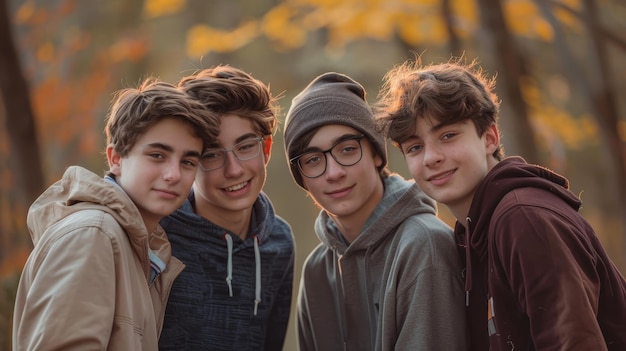 Four Boys Smiling Together in Autumn