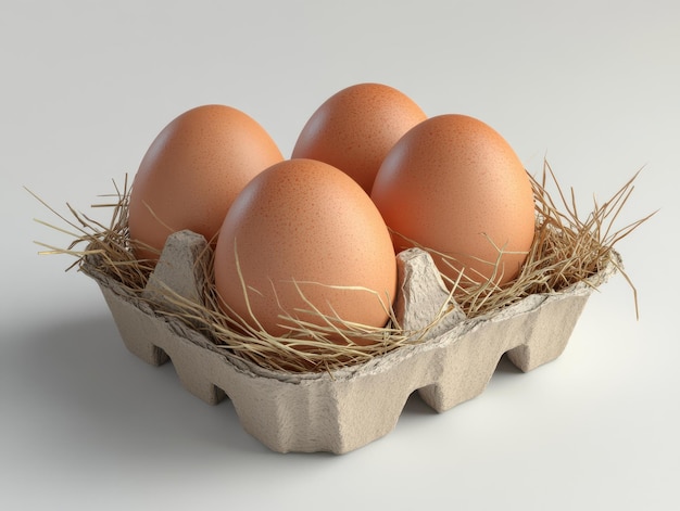 Four brown eggs in carton with straw