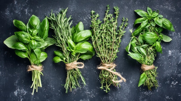 Four Bundles of Fresh Herbs on a Black Surface