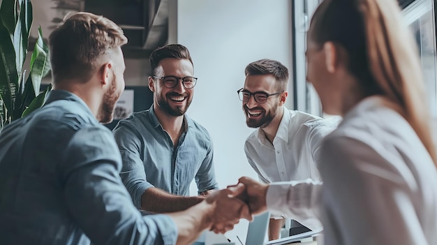 Four Businesspeople Shaking Hands and Smiling During a Meeting