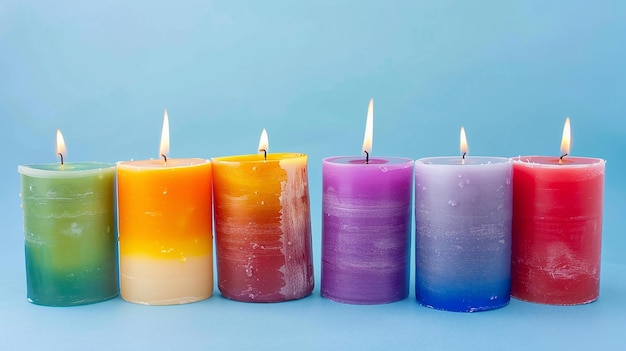 four candles with purple and yellow colors are lined up with one another