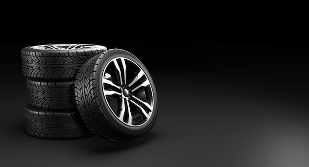 Four car wheels. 3D rendering illustration.