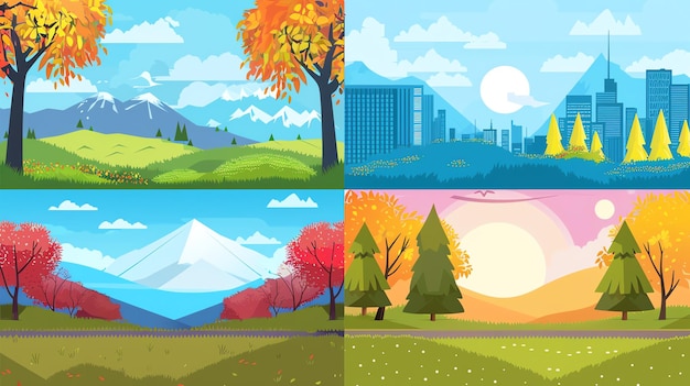 Photo four cartoon landscape illustrations representing different seasons spring summer fall winter