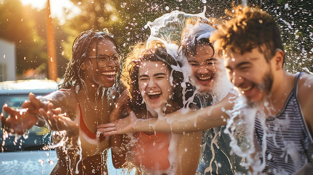 Photo four cheerful young friends having a water fight in the summer sun they are all soaked and laughing