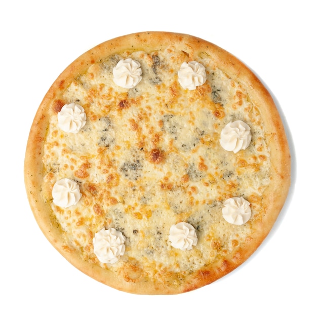 Four cheese pizza. The composition includes four types of cheese: Dor blue, parmesan, mozzarella and cream cheese. View from above. White background. Isolated.