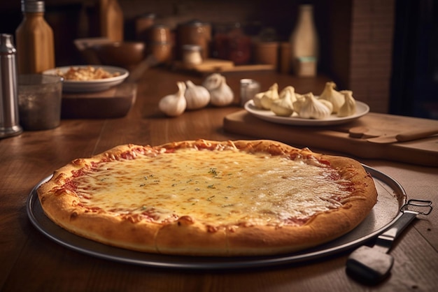 Four cheese pizza on the table in a pizzeria quick fast food