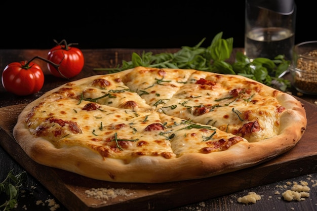 Four cheese quattro formaggi pizza on dark wooden background