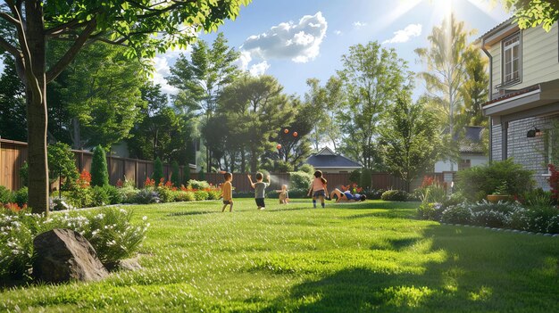 Four children are playing in a backyard on a sunny day They are running jumping and throwing a ball