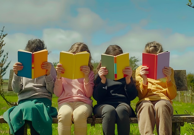 Photo four children are reading books on a bench with the word z on them