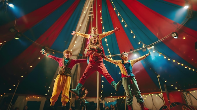 Four children dressed as circus performers leap in the air in a dazzling display of joy and acrobatic skill under the vibrant striped tent