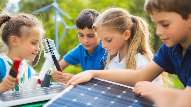 Photo four children examine a solar panel learning about clean energy