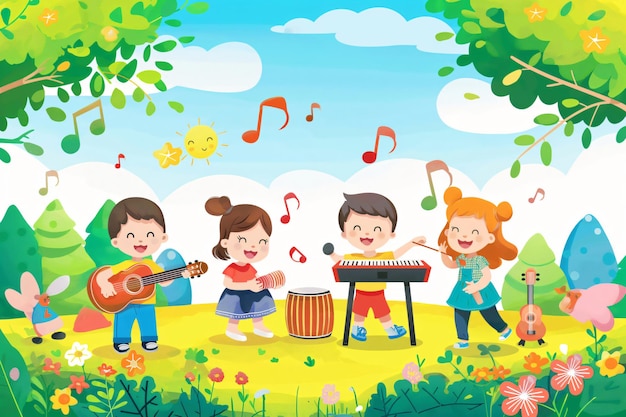 Four children happily playing different musical instruments in a colorful park during a sunny day