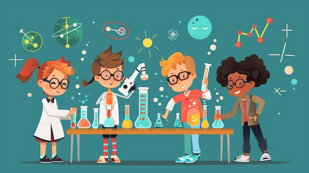 Photo four children in lab coats doing a science experiment with beakers and colorful liquids