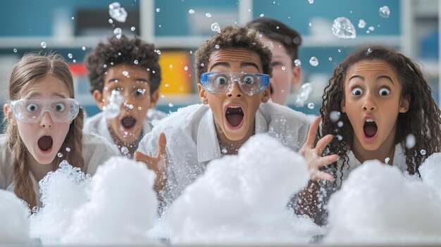 Photo four children surprised by a science experiment explosion