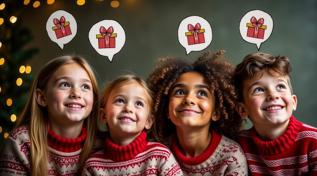 Four children wearing matching sweaters share excited expressions while imagining presents The background features twinkling holiday lights and a cheerful atmosphere