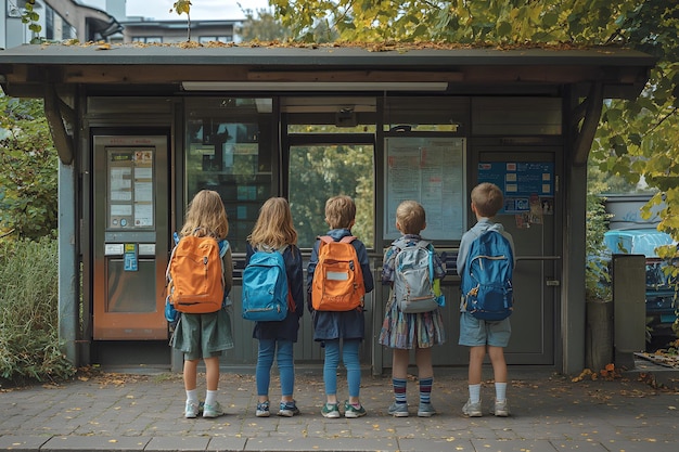 Photo four children with backpacks standing in front of a ticket dispenser