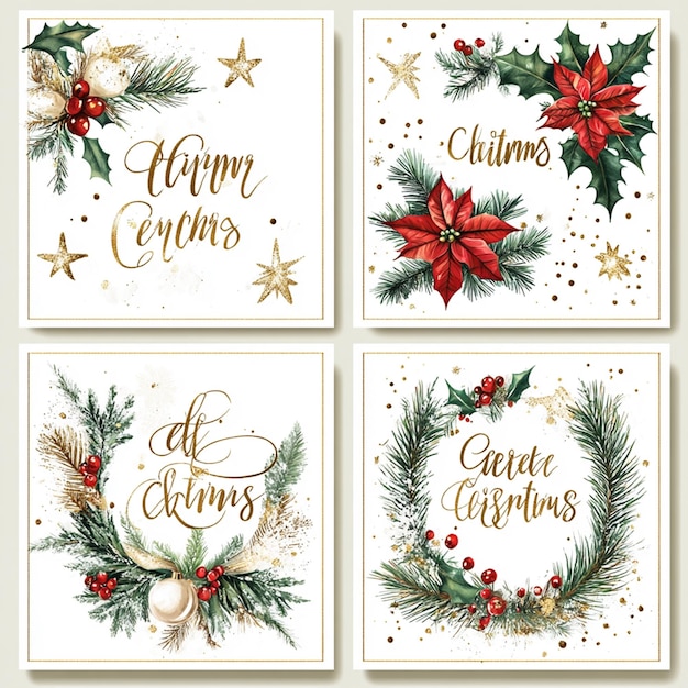 Photo four christmas greeting cards on a white background