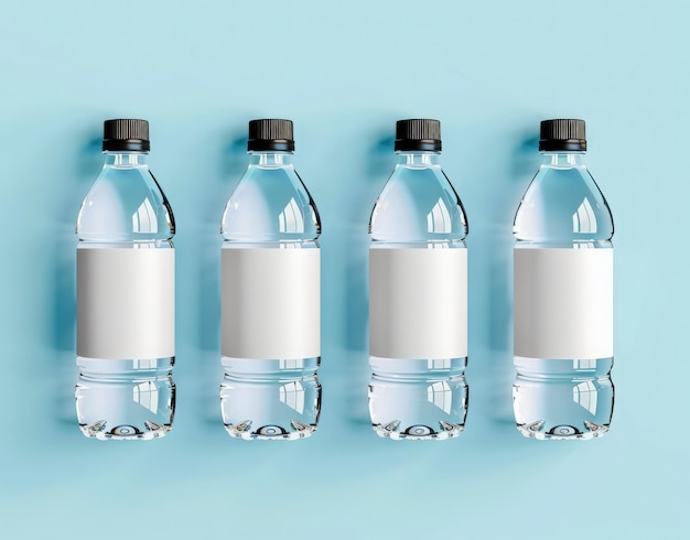 Four clear plastic water bottles with black caps and blank white labels are arranged in a row