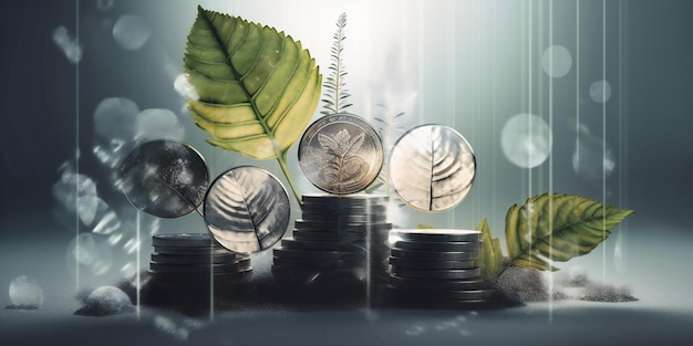 Four coins with a green plant growing on them